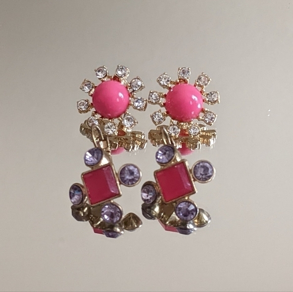 Art Deco Statement Gold Pink & Purple Stud Earring Set by JS - Picture 3 of 5